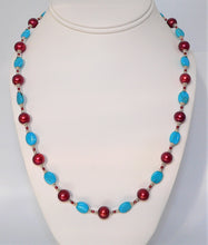 Load image into Gallery viewer, Turquoise, red freshwater pearl &amp; sterling silver necklace
