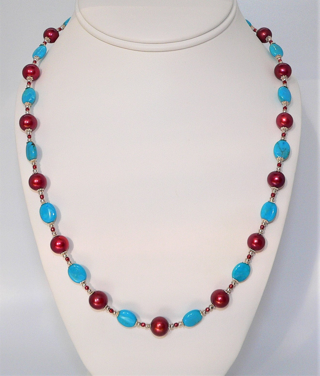 Turquoise, red freshwater pearl & sterling silver necklace