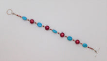 Load image into Gallery viewer, Turquoise, red freshwater pearl &amp; sterling silver bracelet
