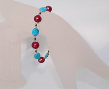 Load image into Gallery viewer, Turquoise, red freshwater pearl &amp; sterling silver bracelet
