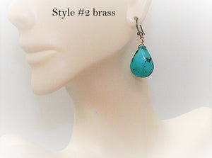 Teardrop shape turquoise earrings in brass with French wires