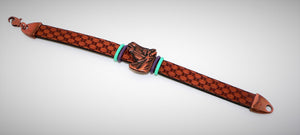 Equestrian-style flat leather bracelets with copper horsehead detail