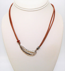 Smooth or suede leather silver feather necklaces