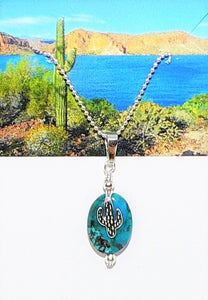 Turquoise & double-sided sterling silver saguaro cactus pendant necklace