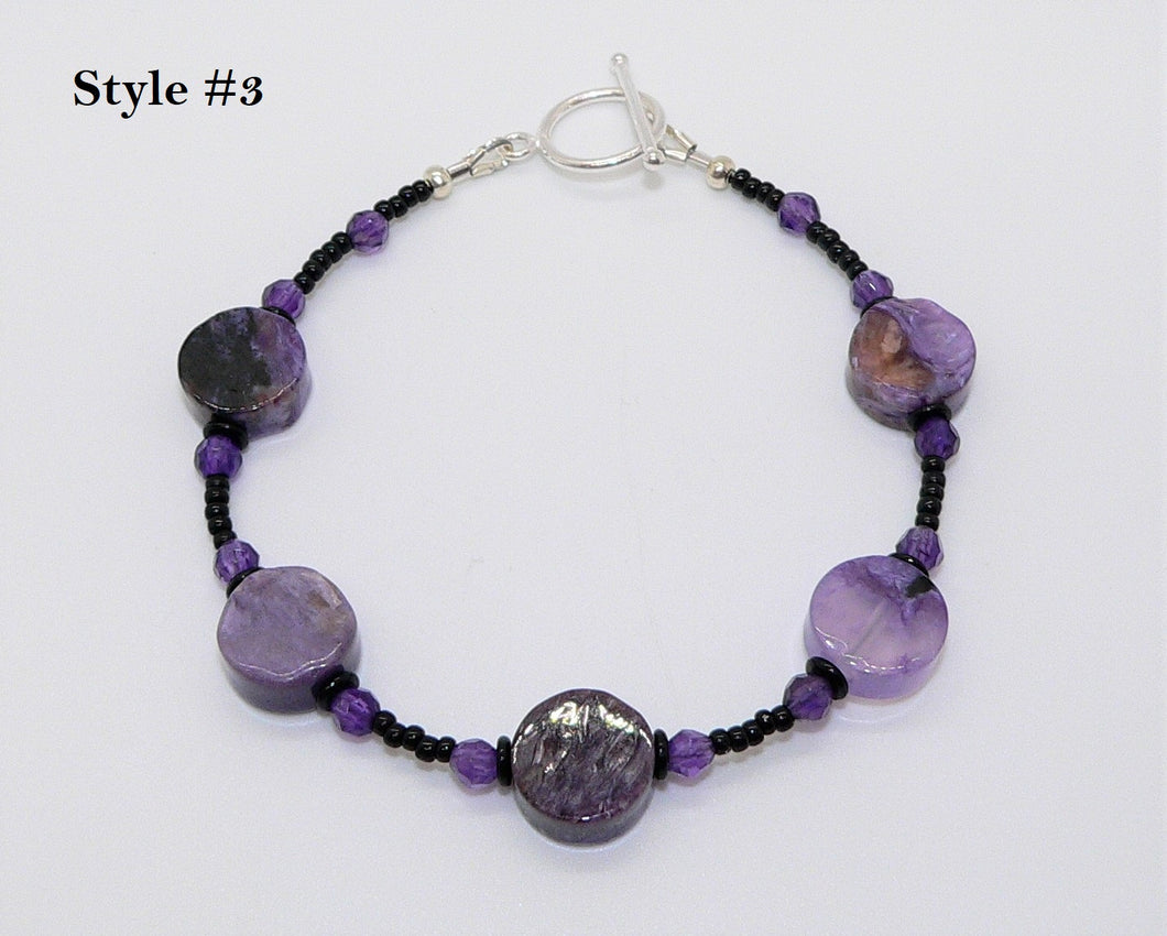 Charoite, amethyst, shell & sterling bracelet