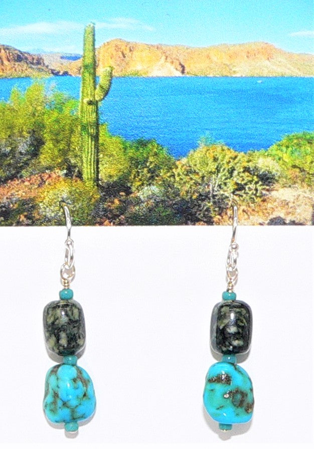 Kingman turquoise & spiderweb jasper (Arizona-mined) gemstones earrings