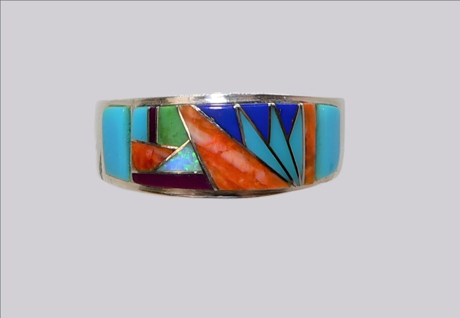 Turquoise & gemstone multi-inlay band ring- sizes 5.5-12 - made in the USA