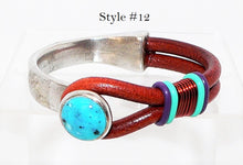 Load image into Gallery viewer, Turquoise &amp; leather &quot;button&quot; bracelets in sterling silver plate (size 5.5)
