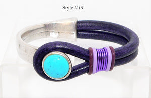 Turquoise & leather "button" bracelets in sterling silver plate (size 6.5)