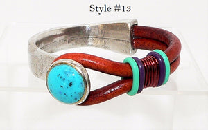 Turquoise & leather "button" bracelets in sterling silver plate (size 5.5)