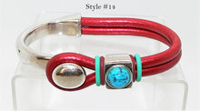 Load image into Gallery viewer, Turquoise &amp; leather &quot;button&quot; bracelets in sterling silver plate (size 8.5)
