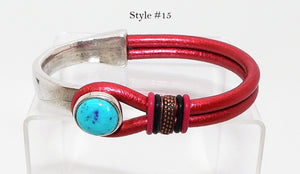 Turquoise & leather "button" bracelets in sterling silver plate (size 8.5)