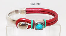 Load image into Gallery viewer, Turquoise &amp; leather &quot;button&quot; bracelets in sterling silver plate (size 8.5)
