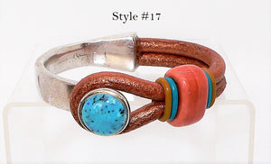 Turquoise & leather "button" bracelets in sterling silver plate (size 5.5)