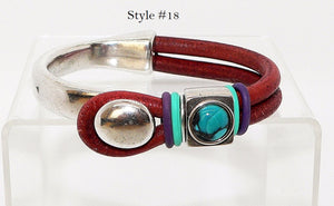 Turquoise & leather "button" bracelets in sterling silver plate or copper (size 6)