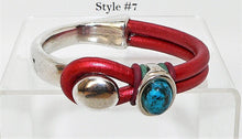 Load image into Gallery viewer, Turquoise &amp; leather &quot;button&quot; bracelets in sterling silver plate (size 5.5)
