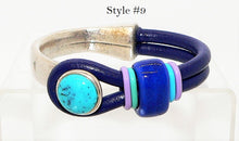 Load image into Gallery viewer, Turquoise &amp; leather &quot;button&quot; bracelets in sterling silver plate or copper (size 6)
