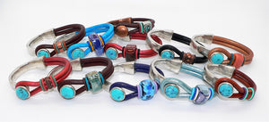 Turquoise & leather "button" bracelets in sterling silver plate (size 6.5)