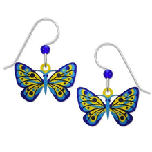 Load image into Gallery viewer, Blue &amp; yellow butterfly earrings on French wires
